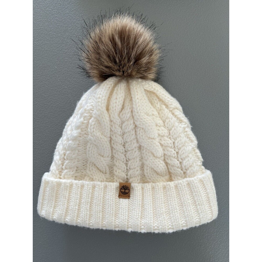 Timberland OS Ivory White Cable Soft Knit Beanie Pom Pom Fleece Lined Logo